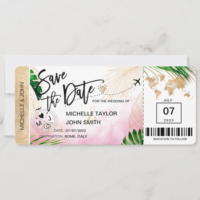 Save the Date Boarding Pass World Map Beach Invita Invitation (Front)