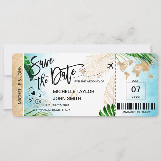 Save the Date Boarding Pass World Map Beach Invita Invitation (Front)