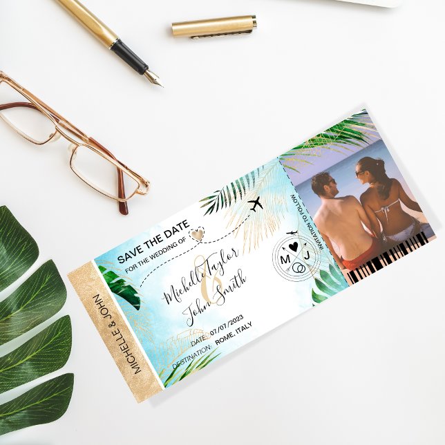 Save the Date Boarding Pass World Map Beach Photo Invitation (Creator Uploaded)