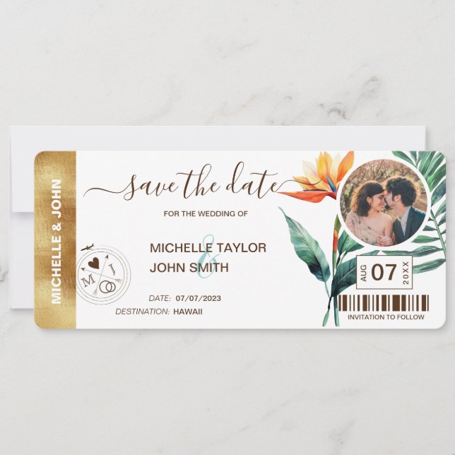 Save the Date Boarding Pass World Map Beach Photo  Invitation (Front)