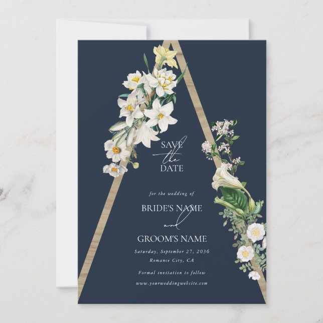 Save The Date Bohème Bohème Pyramide Flore Blanche Mariage Bleu (Devant)