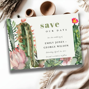 SAVE THE DATE BOHÈME FLEURS ROSES FEUILLAGE DE CACTUS DU DÉSERT