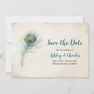 Save The Date Bohème Peacock Feather Elegant Mariage Turquoise