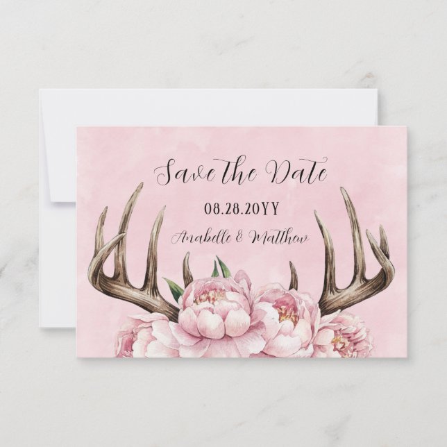 Save The Date Boho Antler avec Mariage Pink Peonies (Devant)