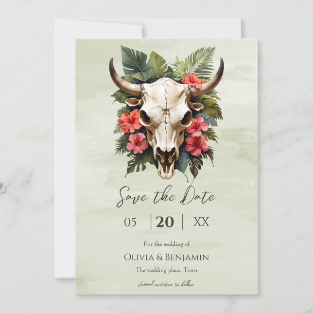 Save The Date Boho Aquarelle tropicale Floral Vache Mariage crân (Devant)