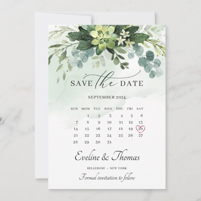 Save The Date Boho aquarelle verdure succulent mariage floral (Devant)