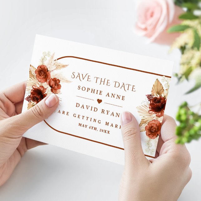 Save The Date Boho Arch Pampas Grass Floral Terracotta Mariage (trendy terracotta thank you wedding card, elegant, modern)