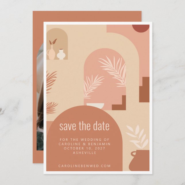 Save The Date Boho Art Floral Moderne Terracotta Arch Photo (Devant / Derrière)