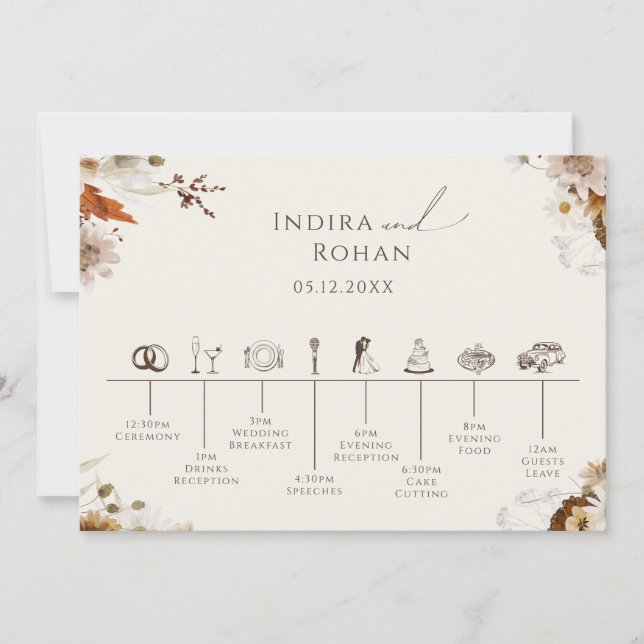 Save The Date Boho Automne Fleur sauvage Beige Mariage Timeline  (Devant)