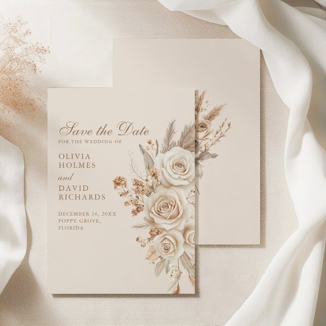 Save The Date Boho Beige séché Fleurs et Mariage Rose (Boho Beige Dried Flowers and Roses Wedding Save The Date on an elegant silky tablecloth)