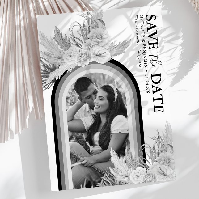Save The Date Boho Black White Floral Photo Enregistrer La Date (Créateur téléchargé)