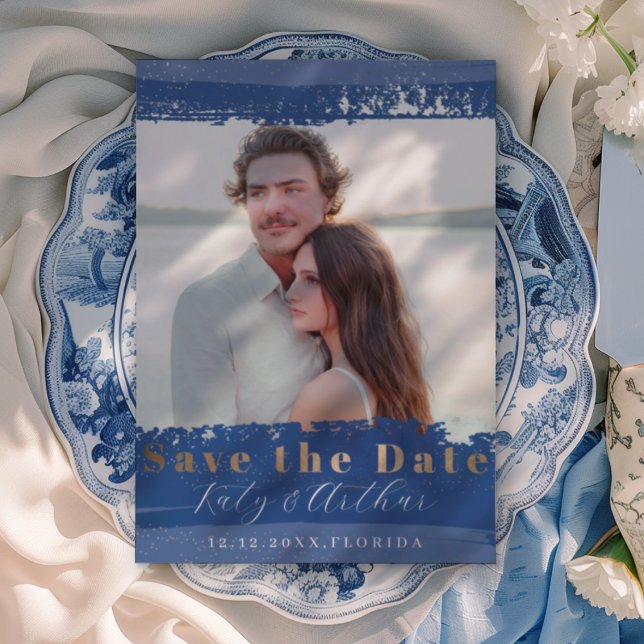 Save The Date Boho Bleu, Blanc & Or  Enregistrez la Date  (Créateur téléchargé)