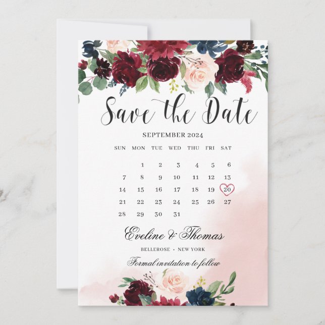 Save The Date Boho bleu bordeaux rose marine mariage floral (Devant)