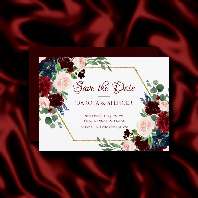 Save The Date Boho Bloom | Elégante trame or florale Bourgogne (Créateur téléchargé)