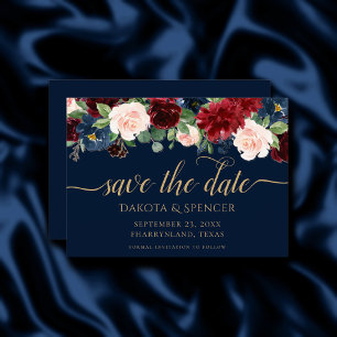 Save The Date Boho Blooms   Dark Rustic Navy Bleu et Bourgogne