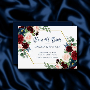 Save The Date Boho Blooms   Russe Navy et Bourgogne Bouquet