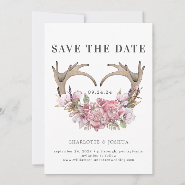 Save The Date Boho Blush Floral Antlers Photo Enregistrer la dat (Devant)