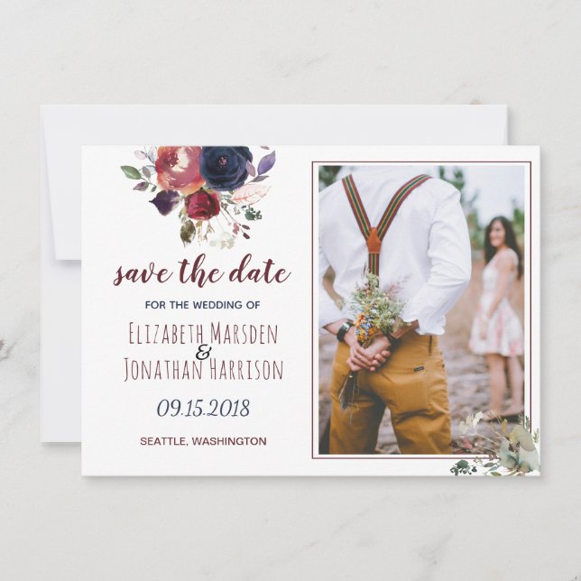 Save The Date Boho Bourgogne Navy Fleurs Photo Enregistrer La Da (Devant)