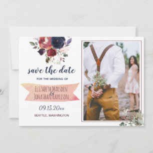 Save The Date Boho Burgundy Navy Floral Photo ZZ Enregistrer La 