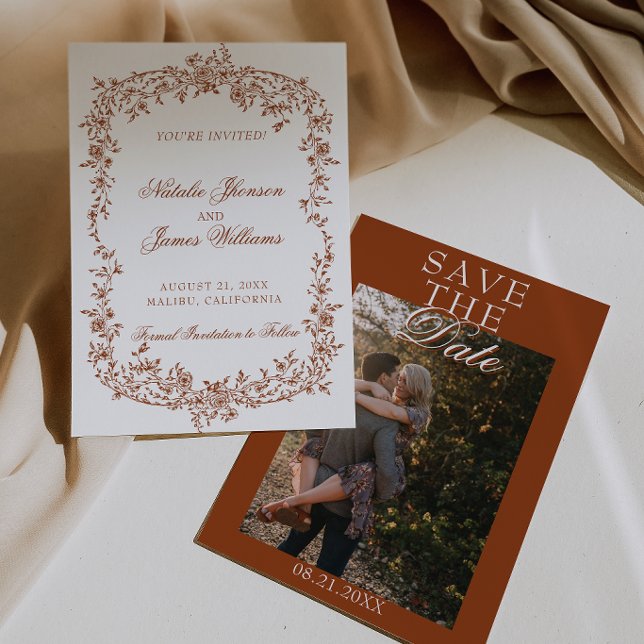 Save The Date Boho Burnt Orange Floral Botanical Photo Wedding (Créateur téléchargé)