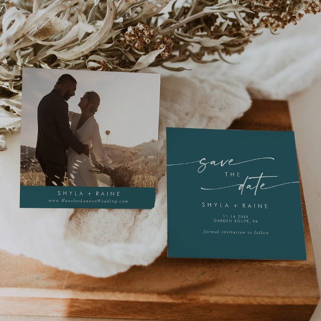 Save The Date Boho Chic Blue Carré Turquoise Photo Retour (Créateur téléchargé)