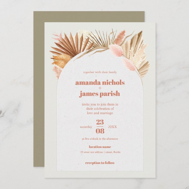 Save The Date Boho Chic Desert Mariage de feuillage séché et Pam (Devant / Derrière)