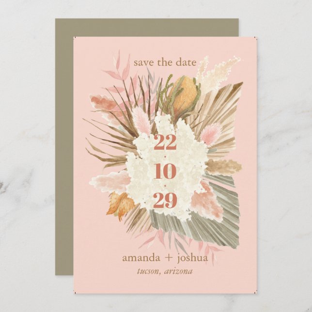 Save The Date Boho Chic Desert Mariage de feuillage séché et Pam (Devant / Derrière)
