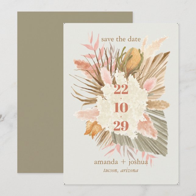 Save The Date Boho Chic Desert Mariage de feuillage séché et Pam (Devant / Derrière)