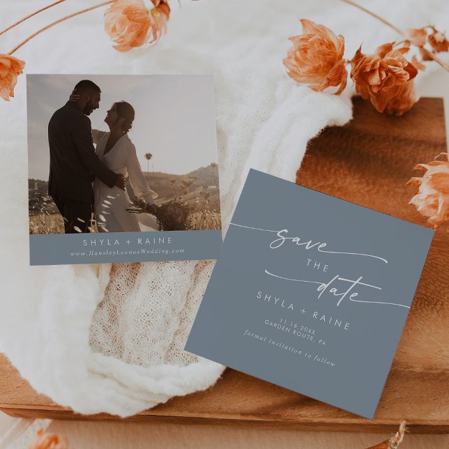 Save The Date Boho Chic Dusty Blue Carré Photo Retour (Créateur téléchargé)