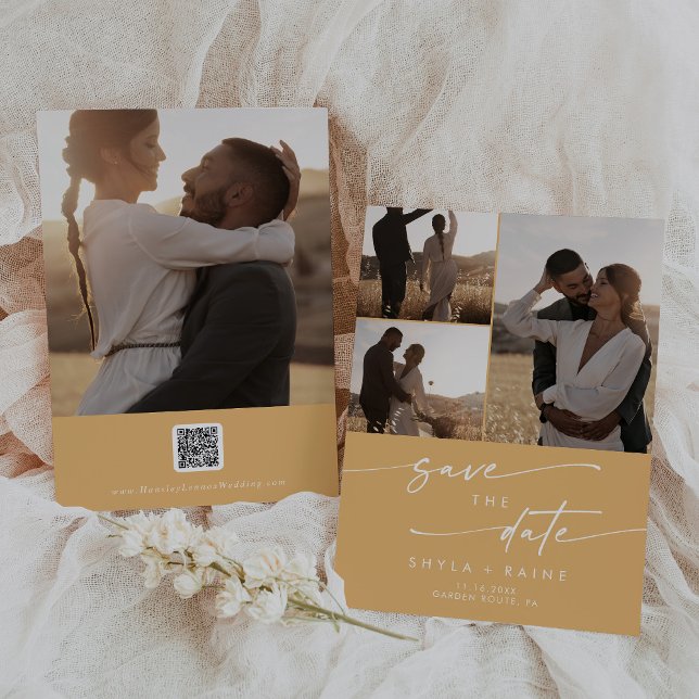 Save The Date Boho Chic Marigold jaune Multi Photo QR Code (Créateur téléchargé)
