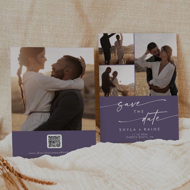 Save The Date Boho Chic Plum Purple Multi Photo QR Code (Créateur téléchargé)