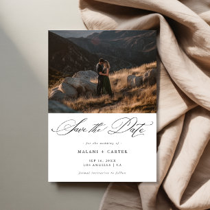 Save The Date Boho Chic Script Mountain Photo Mariage de luxe