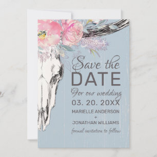 Save The Date Boho crâne de vache rustique Floral Aquarelle rose