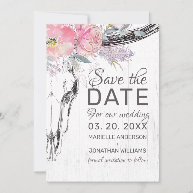 Save The Date Boho crâne de vache rustique Floral Aquarelle rose (Devant)