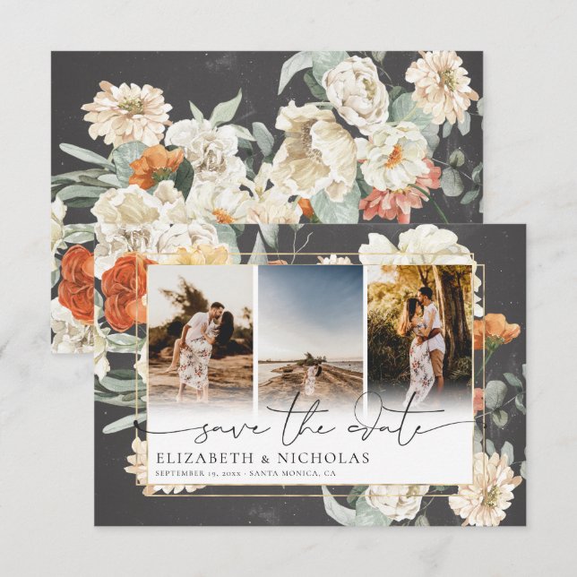Save The Date Boho Dark Floral | 3 Mariage photo (Devant / Derrière)