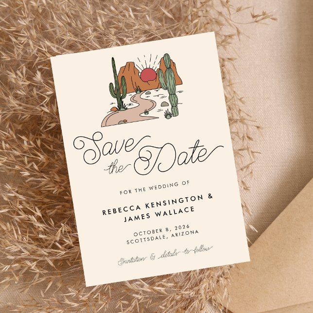Save The Date Boho Desert Cactus Mariage de script moderne (Créateur téléchargé)