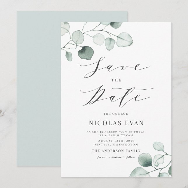 Save The Date Boho Dusty Blue Eucalyptus Feuilles Bar Mitzvah (Devant / Derrière)