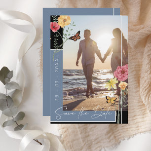Save The Date Boho Dusty Blue Fleurs sauvages Photo Enregistrer 
