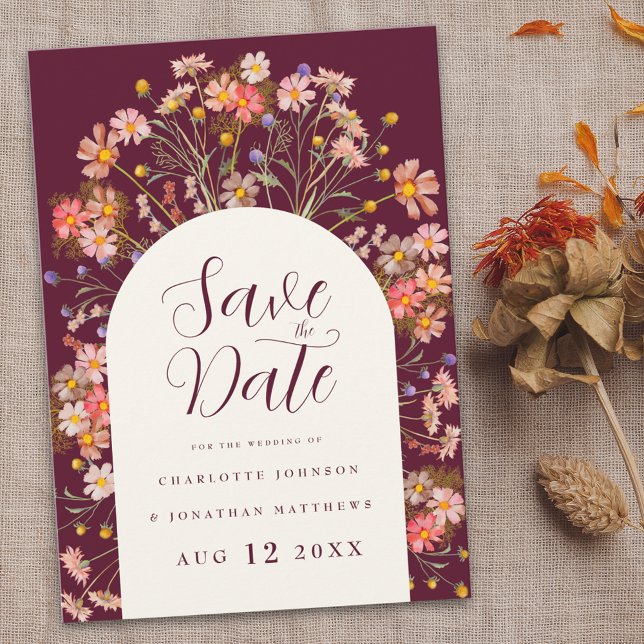 Save The Date Boho Fall Rustic Fleur sauvage Mariage (Floral wildflower arch boho rustic fall wedding save the date invitation Romantic script)