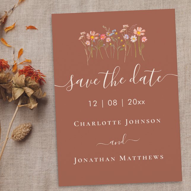 Save The Date Boho Fall Wildflower Floral Terracotta Wedding (Wildflower meadow elegant boho fall terracotta rust wedding save the date card)