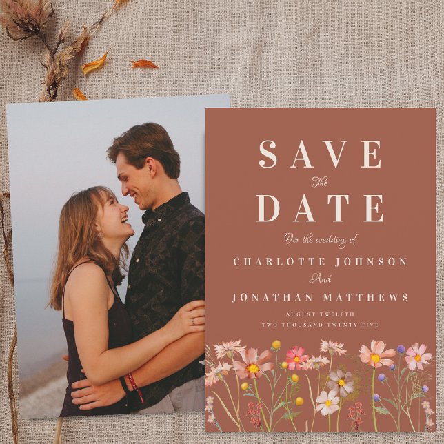 Save The Date Boho Fall Wildflower Terracotta Photo Wedding (Wildflower meadow boho fall floral photo terracotta Wedding save the date invitation Elegant modern)
