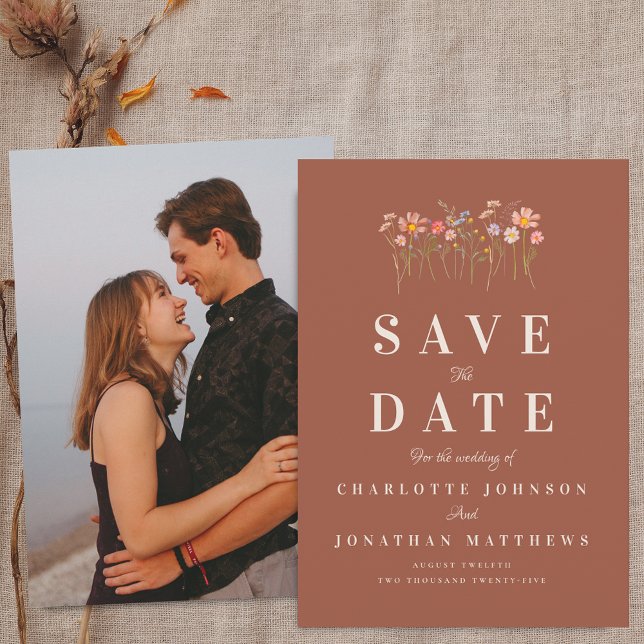 Save The Date Boho Fall Wildflower Terracotta Photo Wedding (Photo boho fall wildflower floral terracotta wedding save the date invitation Elegant modern)