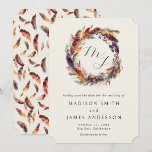 Save The Date Boho Feathers Floral Wreath Monogram Mariage