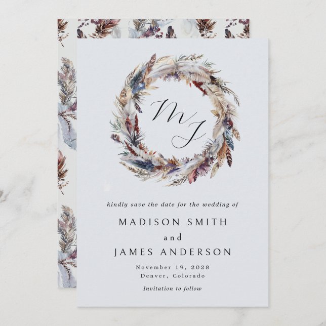 Save The Date Boho Feathers Wreath Monogramme Mariage hivernal (Devant / Derrière)