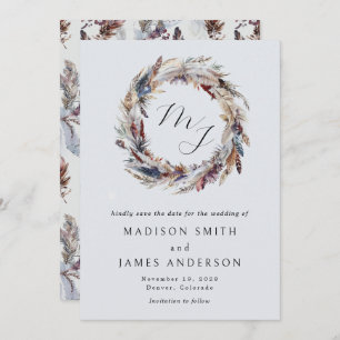 Save The Date Boho Feathers Wreath Monogramme Mariage hivernal