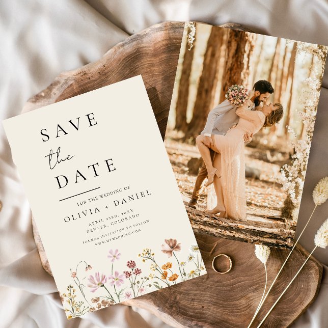 Save The Date Boho fleur sauvage Beige Photo Enregistrer la date (Créateur téléchargé)