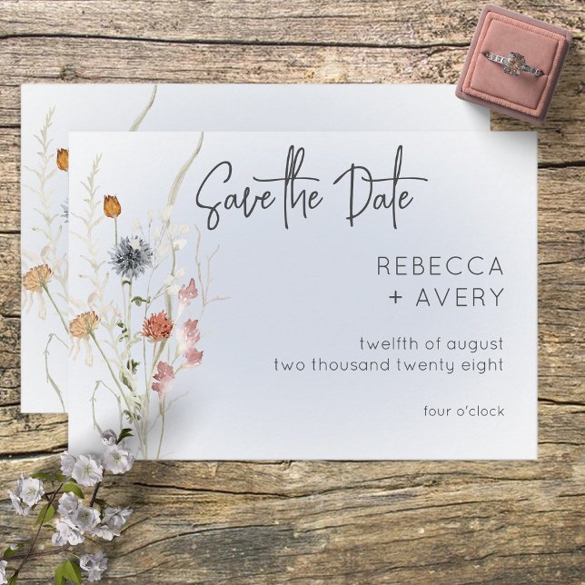 Save The Date Boho Fleur sauvage Modern Blue Enregistrer la cart (Créateur téléchargé)