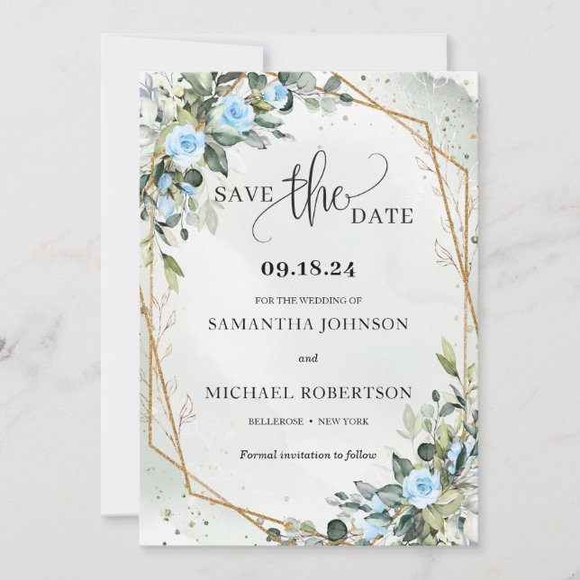 Save The Date Boho fleurs bleu clair Eucalyptus cadre or (Devant)