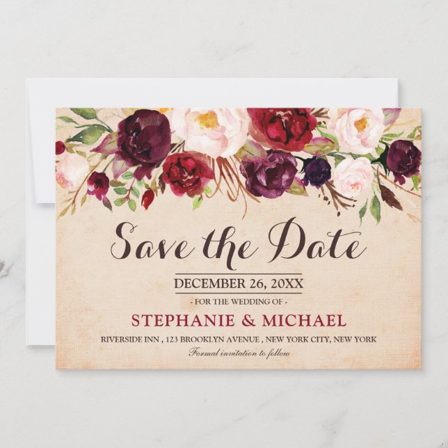 Save The Date Boho floral de Marsala rouge de Bourgogne Enregist (Devant)