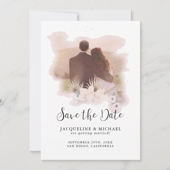 Save The Date BOHO Floral Tropical Modern Script Palm Photo (Devant)
